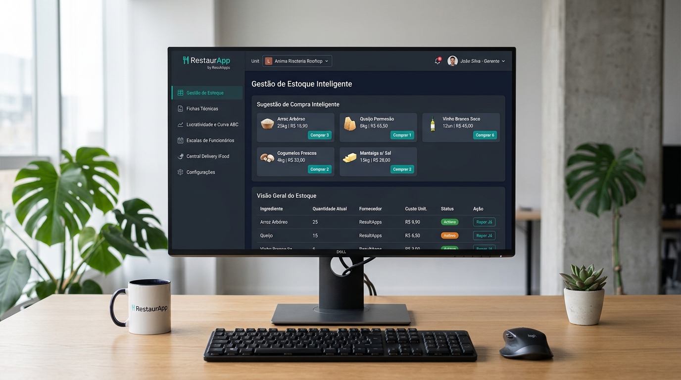 Sistema de gestão de restaurantes RestaurApp em monitor desktop com dashboard em tempo real